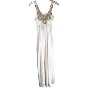 Moa Moa White Maxi Dress with Olive Crochet and Pink Accents